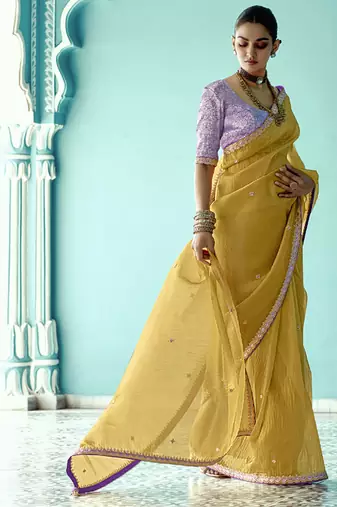 Mustard glass tissue embroidery & sequence work designer saree