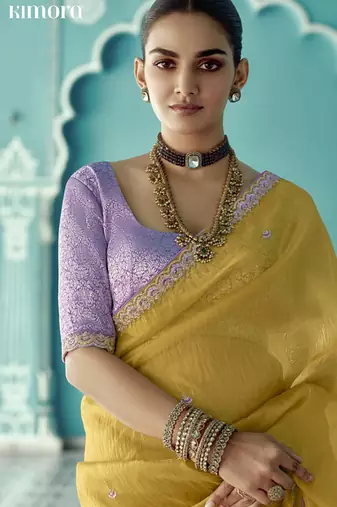 Mustard glass tissue embroidery & sequence work designer saree