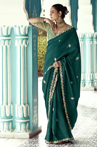 Peacock green glass tissue embroidery & sequence work designer saree