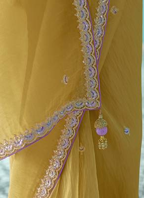 Mustard glass tissue embroidery & sequence work designer saree 5