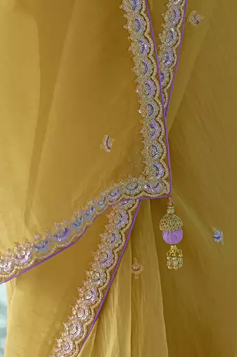 Mustard glass tissue embroidery & sequence work designer saree