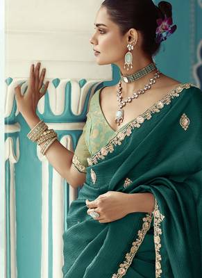 Peacock green glass tissue embroidery & sequence work designer saree 3