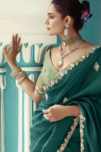 Peacock green glass tissue embroidery & sequence work designer saree