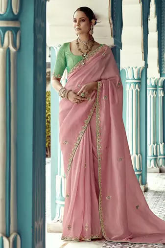 Peach glass tissue embroidery & sequence work designer saree