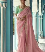 Peach glass tissue embroidery & sequence work designer saree