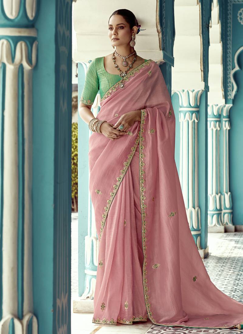 Peach glass tissue embroidery & sequence work designer saree