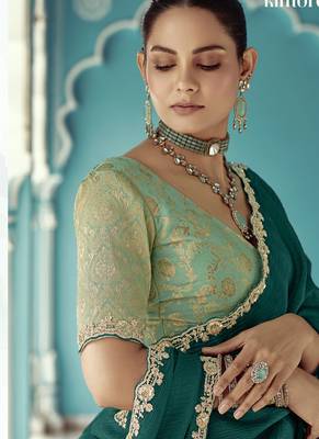 Peacock green glass tissue embroidery & sequence work designer saree 4