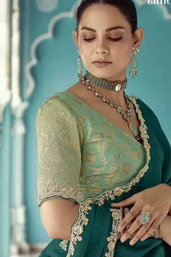 Peacock green glass tissue embroidery & sequence work designer saree