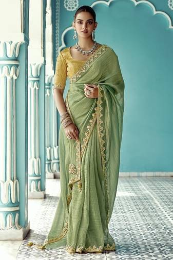 Pista glass tissue embroidery & sequence work designer saree