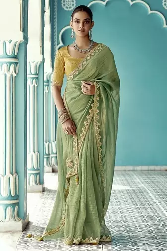 Pista glass tissue embroidery & sequence work designer saree