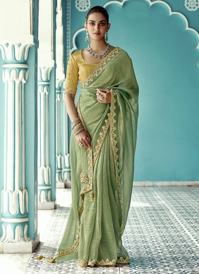 Pista glass tissue embroidery & sequence work designer saree