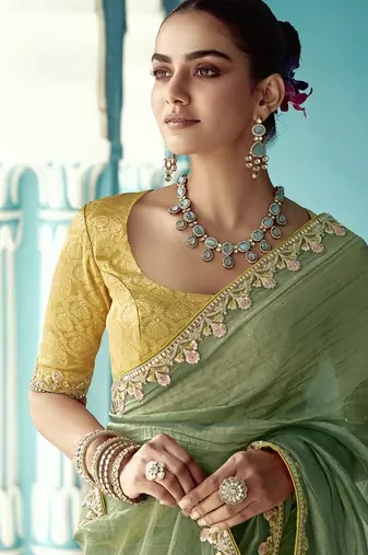 Pista glass tissue embroidery & sequence work designer saree