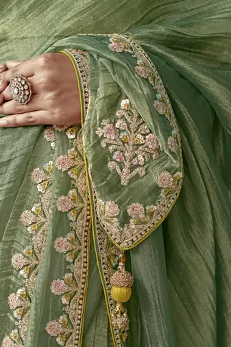 Pista glass tissue embroidery & sequence work designer saree