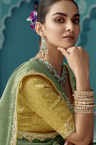 Pista glass tissue embroidery & sequence work designer saree