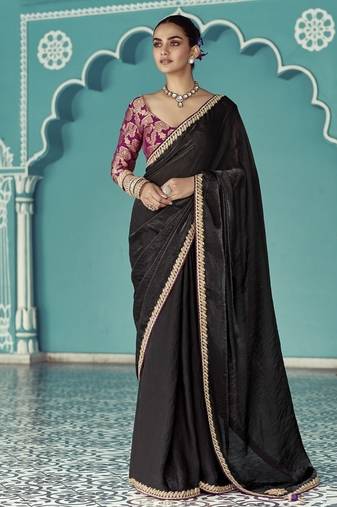 Black glass tissue embroidery & sequence work designer saree