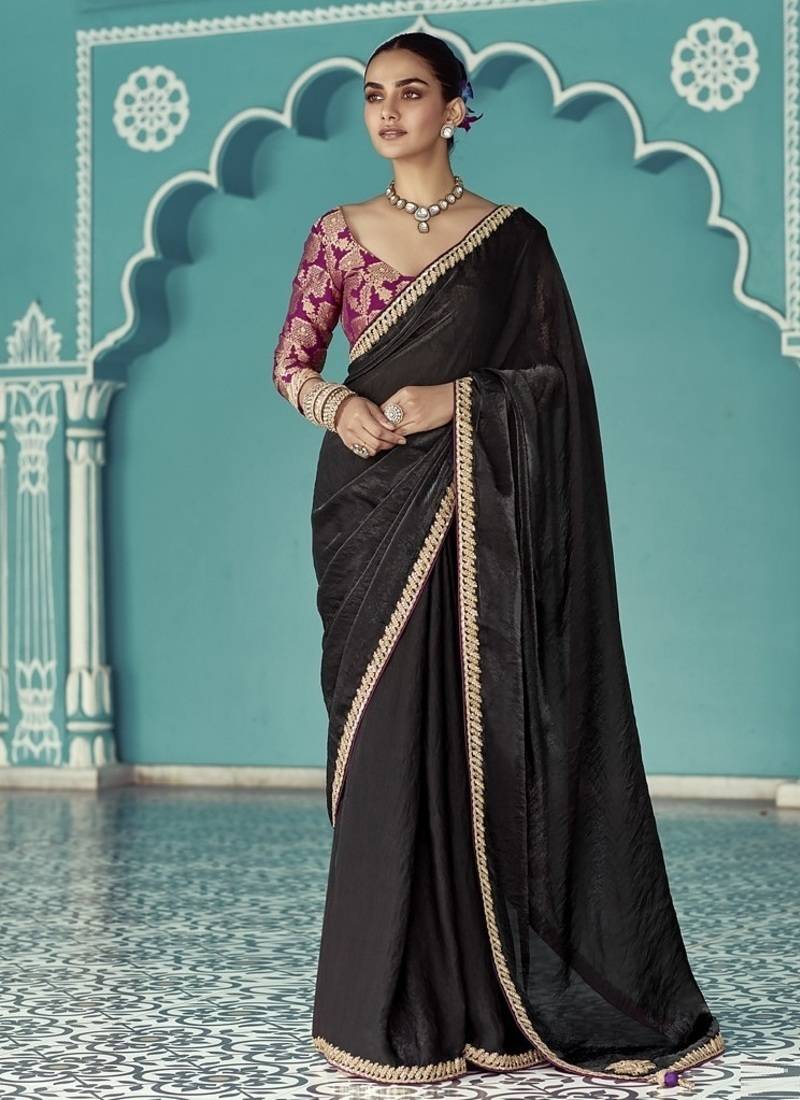 Black glass tissue embroidery & sequence work designer saree