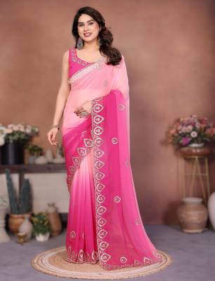 georgette silk blend saree with embroidered blouse 1