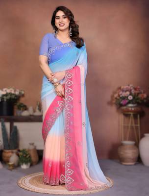 georgette silk blend saree with embroidered blouse 1