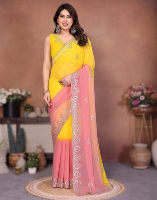  georgette silk blend saree with embroidered blouse 1