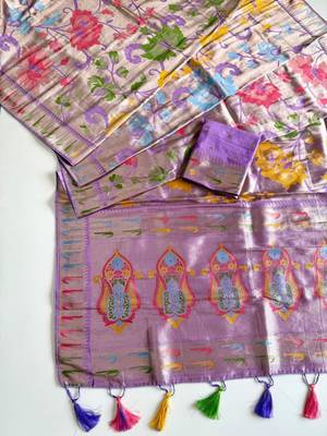Lavender Color Paithani Jari Weaving Tissue Viscose Saree 3