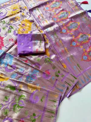 Lavender Color Paithani Jari Weaving Tissue Viscose Saree 4