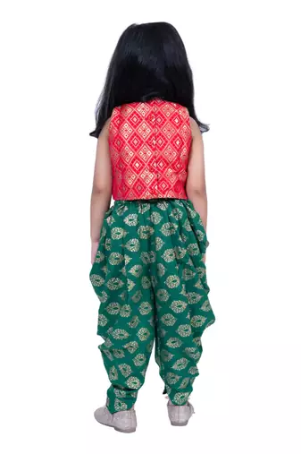 brocade sleeveless embellished top with dhoti - red & green