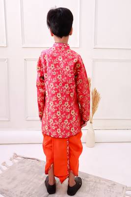 brocade fullsleeves embellished  kurta with dhoti - red & orange 5