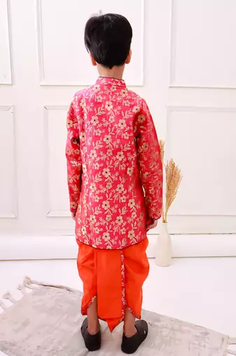 brocade fullsleeves embellished  kurta with dhoti - red & orange