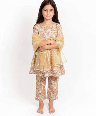 Beige printed cotton kurta set 1