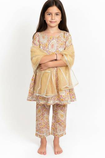 Beige printed cotton kurta set