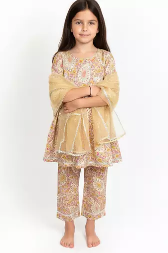 Beige printed cotton kurta set