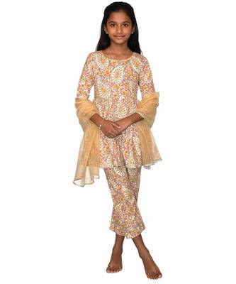Beige printed cotton kurta set 2