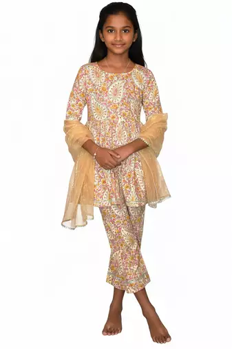 Beige printed cotton kurta set