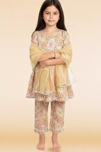 Beige printed cotton kurta set