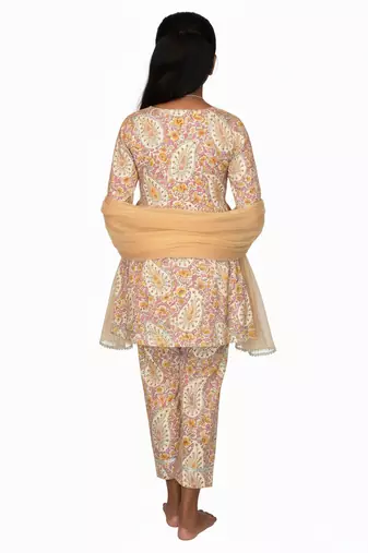 Beige printed cotton kurta set