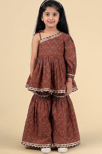 Maroon printed cotton sharara set