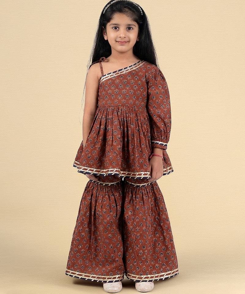 Maroon printed cotton sharara set