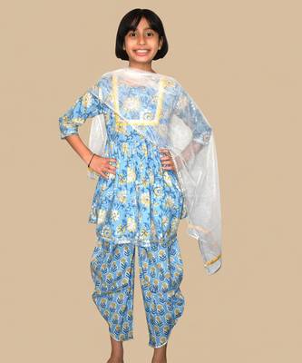 Blue printed cotton kurta set 1
