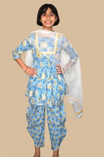 Blue printed cotton kurta set