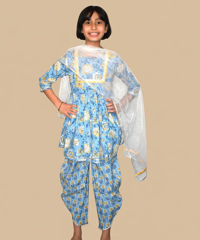 Blue printed cotton kurta set