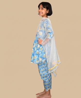 Blue printed cotton kurta set 2