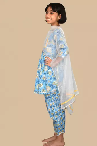 Blue printed cotton kurta set