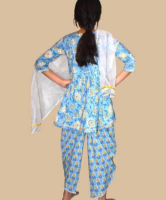 Blue printed cotton kurta set 3