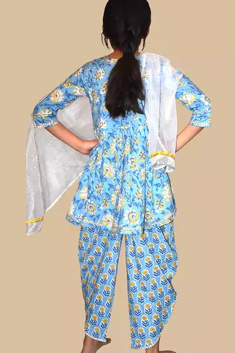 Blue printed cotton kurta set
