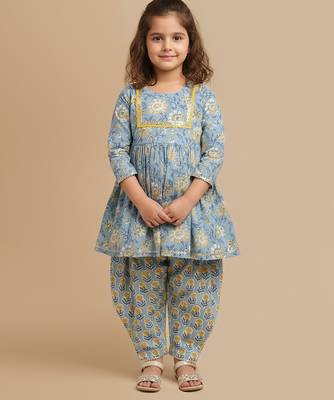 Blue printed cotton kurta set 4