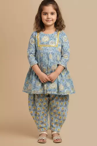 Blue printed cotton kurta set