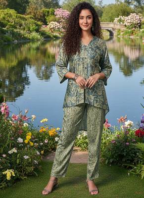 olive green printed silk co-ord set for day outings 1