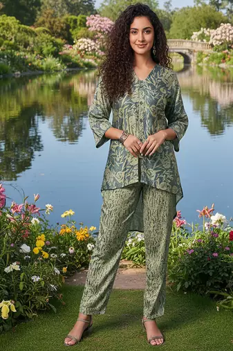 olive green printed silk co-ord set for day outings