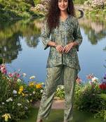 olive green printed silk co-ord set for day outings