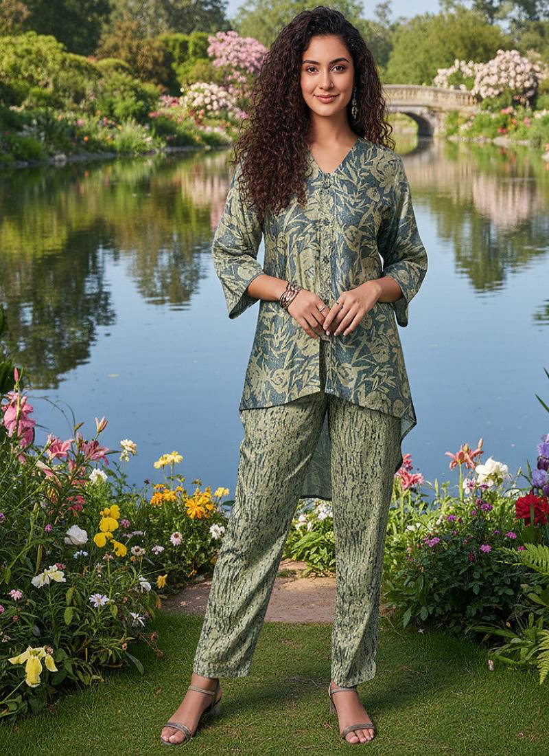 olive green printed silk co-ord set for day outings